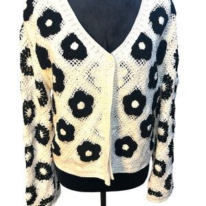 NWOT Black and White Crochet Floral Knit Cardigan